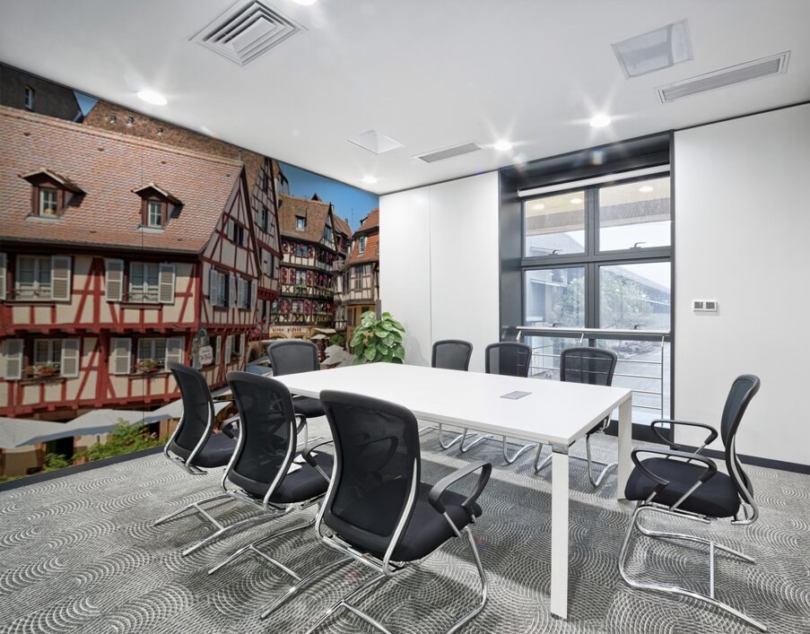 Visitors walk through Colmar on sunny day near timber framed hou Wall Printing