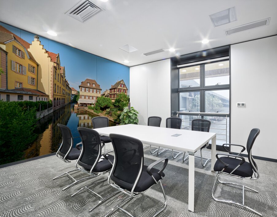 Visitors enjoy sunny day by canals in Colmar France Wall Printing