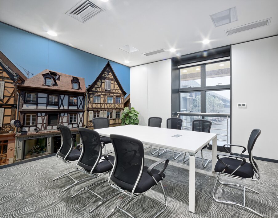 Visitors explore timber framed houses in Colmar Alsace on a sun Wall Printing