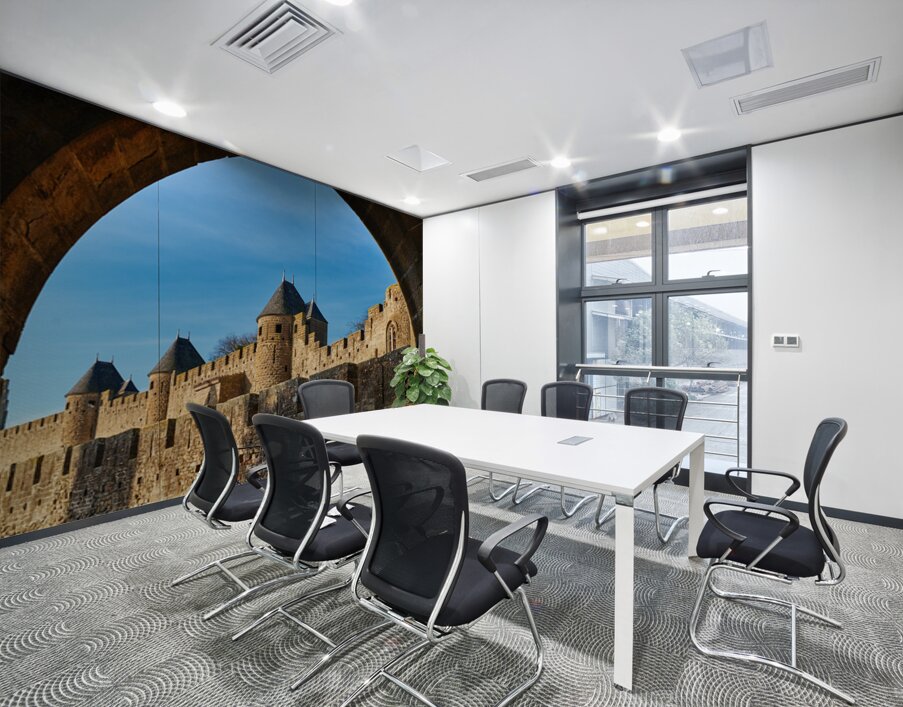 Exploring the historic walls of Carcassonne in France under blue Wall Printing