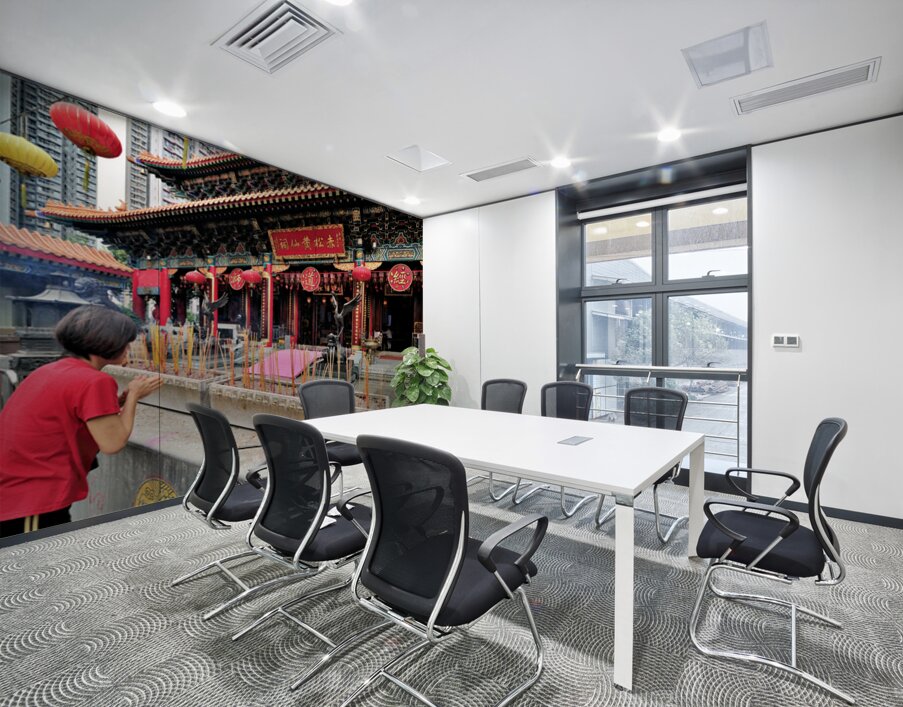 Woman prays with incense at colorful Chinese temple in Hong Kong Wall Printing