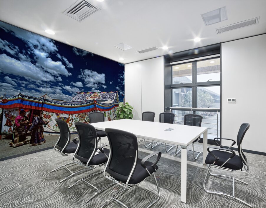 Colorful Tibetan tent with people under a cloudy sky in Tibet Wall Printing