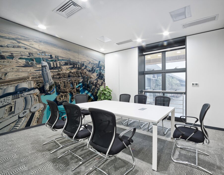 Skyline view of Dubai with skyscrapers and artificial lake Wall Printing