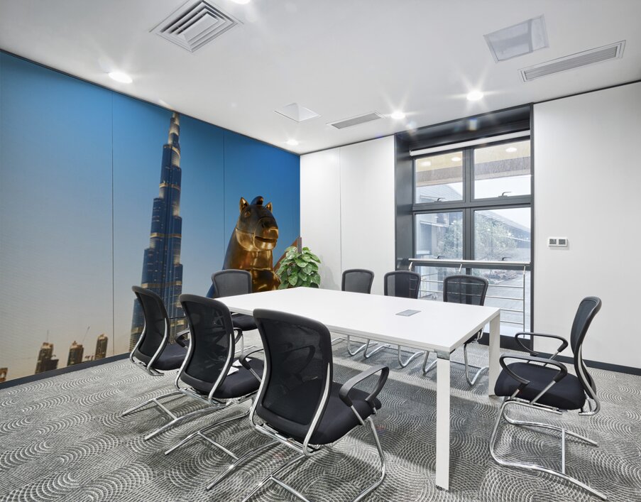 Burj Khalifa and golden horse statue at dusk in Dubai Wall Printing