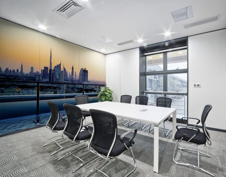 Swimming in infinity pool overlooking Dubai skyline at sunset Wall Printing