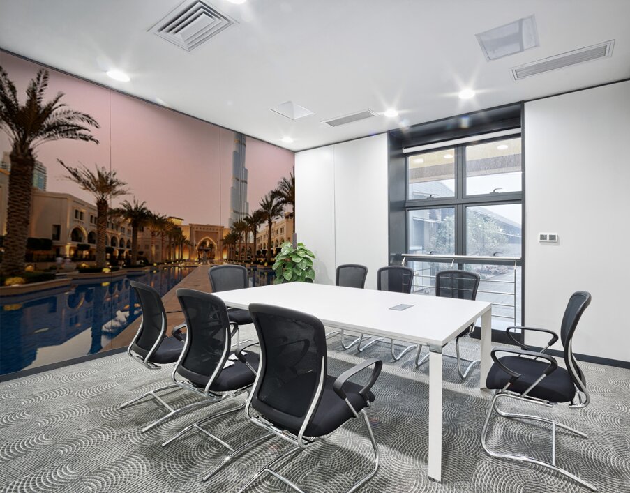 Burj Khalifa towers over pool and traditional buildings in Dubai Wall Printing