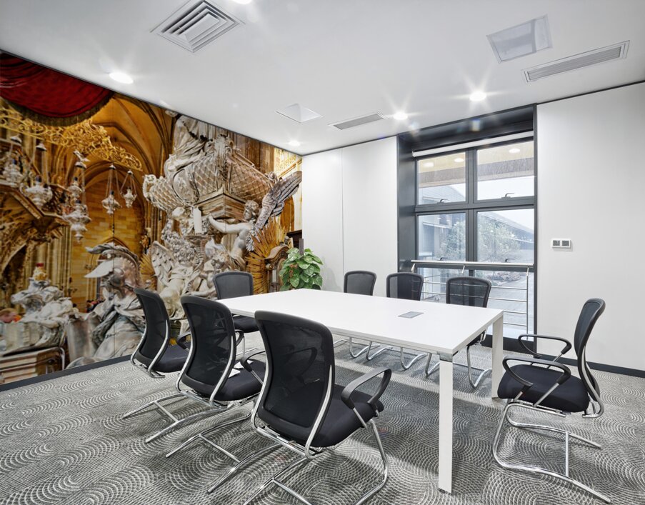 Ornate silver religious monument inside a grand cathedral. Wall Printing