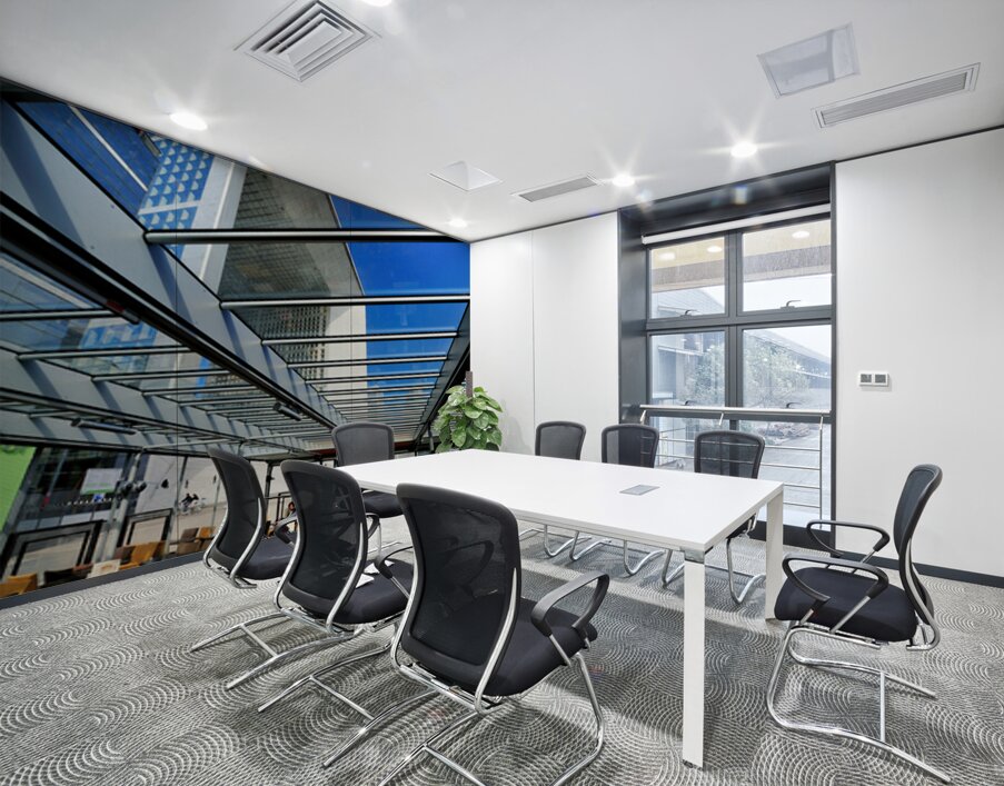 Dining area in Paris with modern building under clear sky Wall Printing