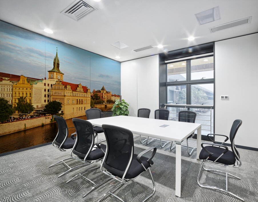 Sunset over Pragues Vltava River historic buildings and boat. Wall Printing