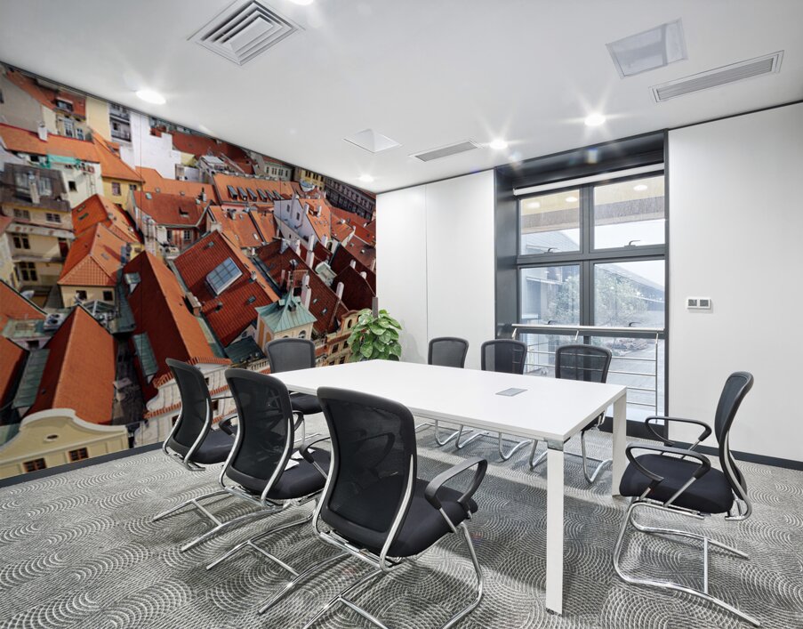 Aerial view of Pragues historic red roofed cityscape and bustli Wall Printing