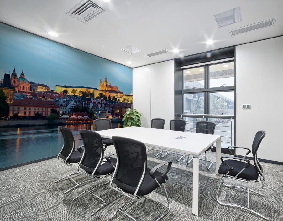 Prague cityscape at night with castle and river reflections. Wall Printing