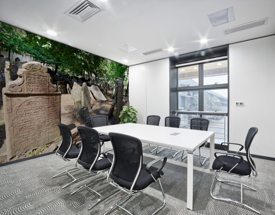 Ancient Jewish cemetery with weathered gravestones and trees. Wall Printing