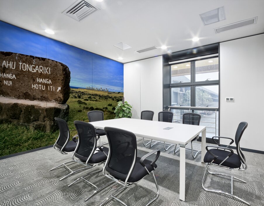 Easter Islands Ahu Tongariki Moai statues and directional sign. Wall Printing