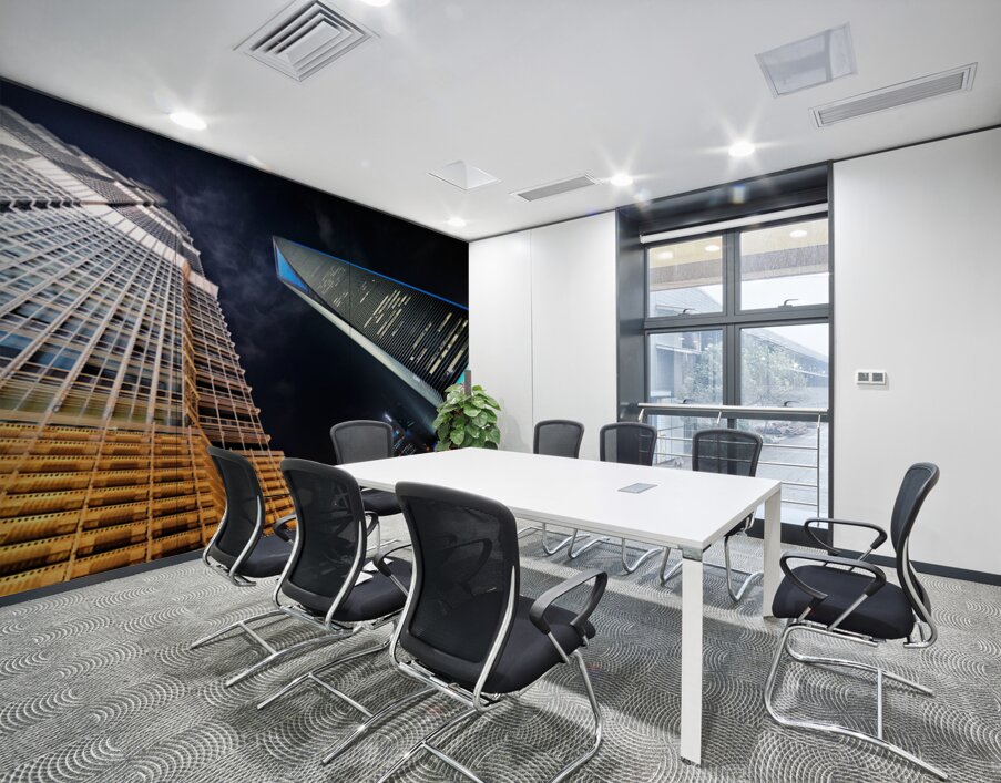 City skyline with skyscrapers shining bright in Shanghai at nigh Wall Printing