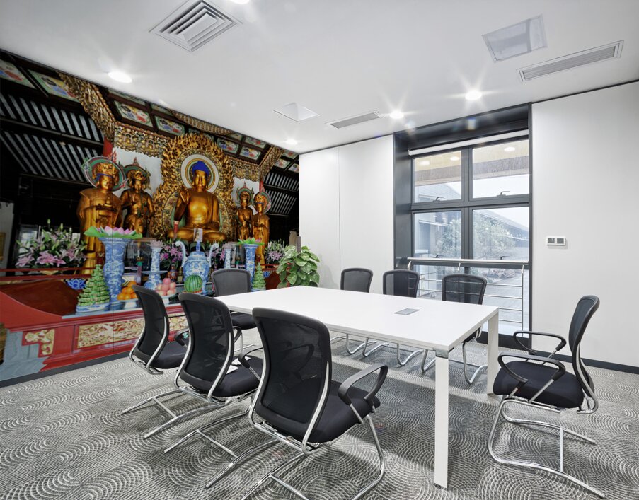 Visitors observe golden statues in Shanghai Buddhist temple inte Wall Printing