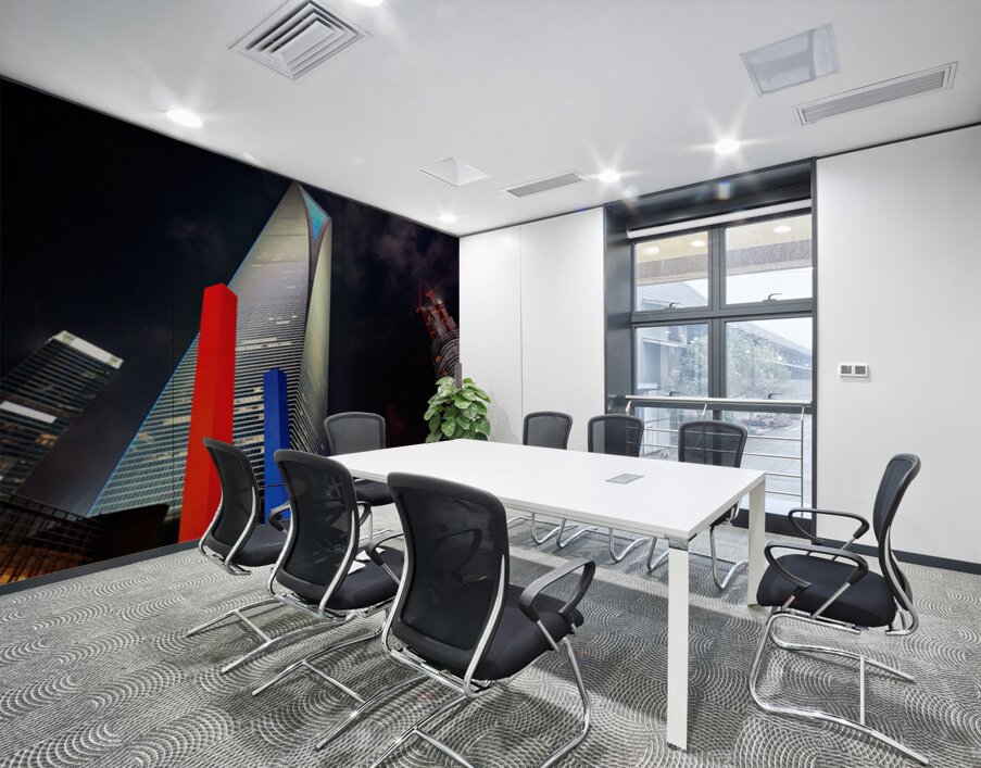 Luminous Shanghai skyscrapers and abstract sculpture at night Wall Printing