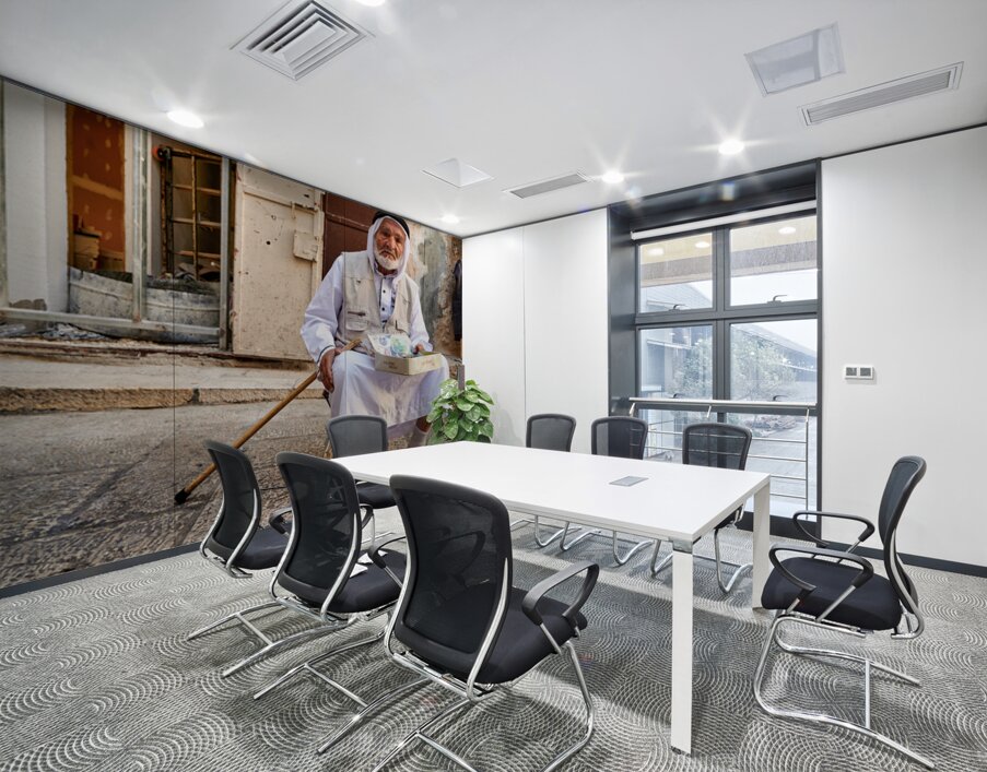 Old man sits in the old city of Jerusalem asking for help Wall Printing