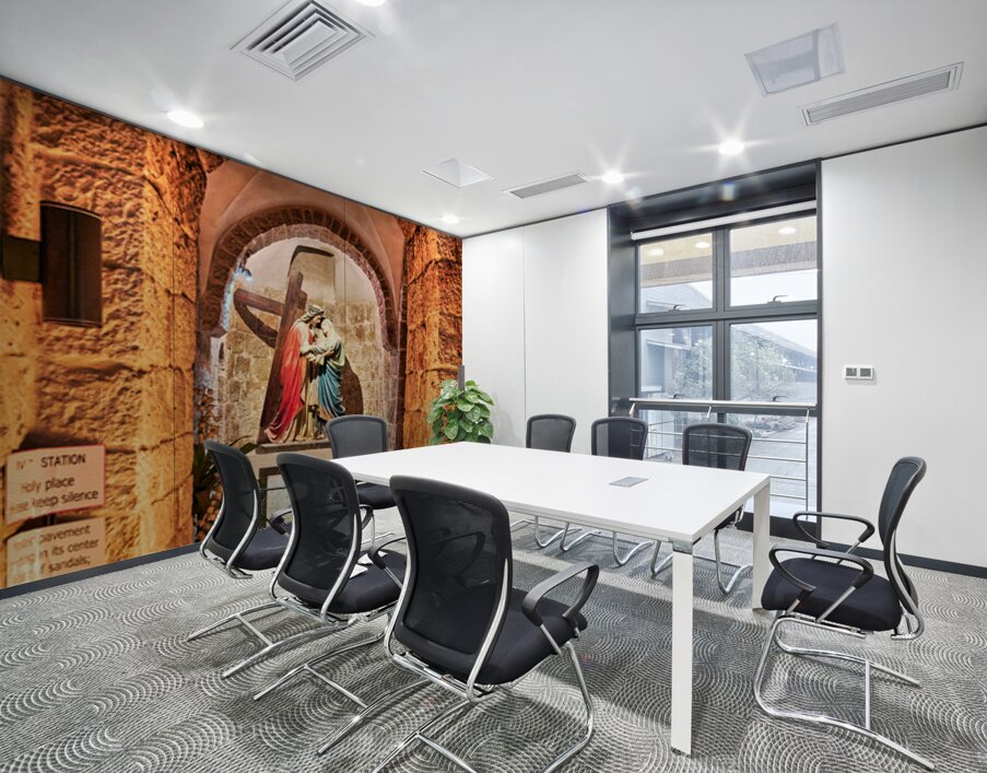 Statue of Mary and Jesus in a chapel with candles Wall Printing