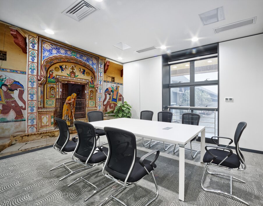 Bundi Rajasthan house with painted walls and a woman sweeping Wall Printing