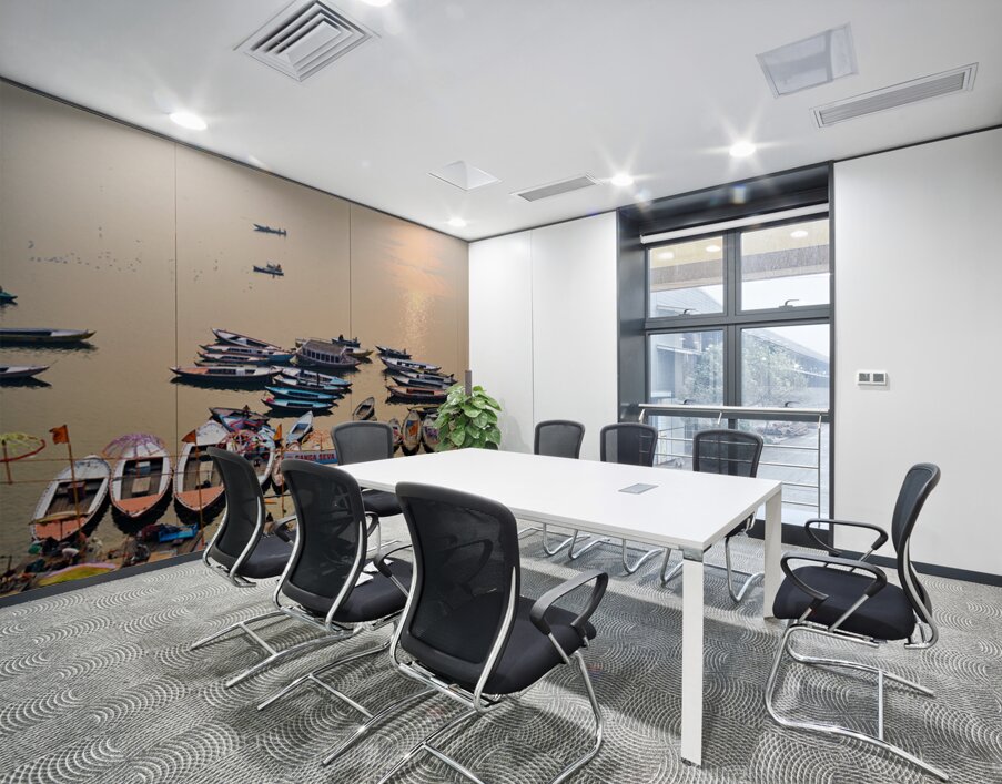 Sunrise at Ganges River in Varanasi with boats and activities Wall Printing