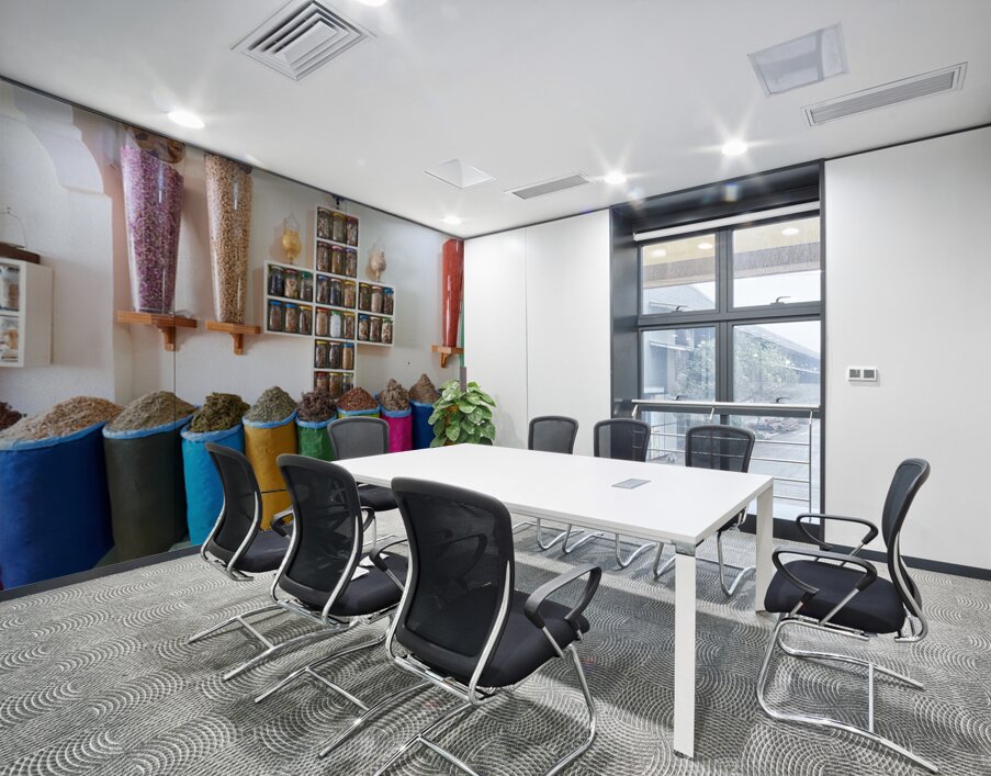 Herbal remedy shop in Marrakesh showing colorful bags of herbs Wall Printing