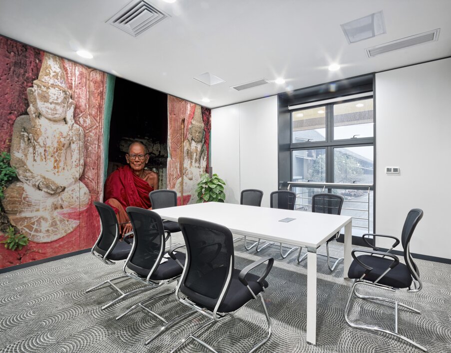 Old monk meditates in temple doorway in Myanmar Wall Printing