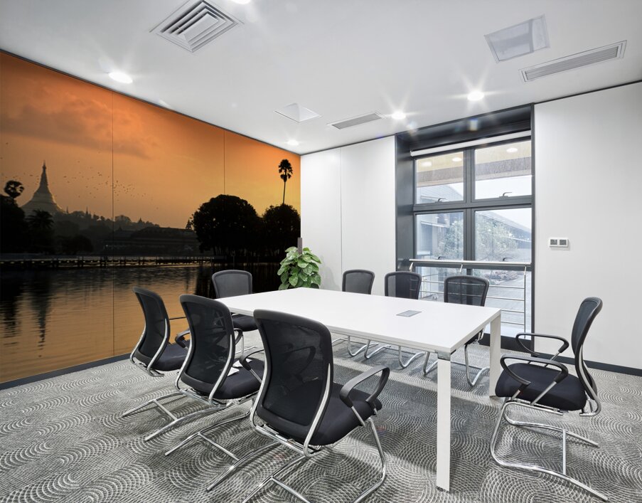 Sunset over the water in Yangon with palm trees and buildings Wall Printing