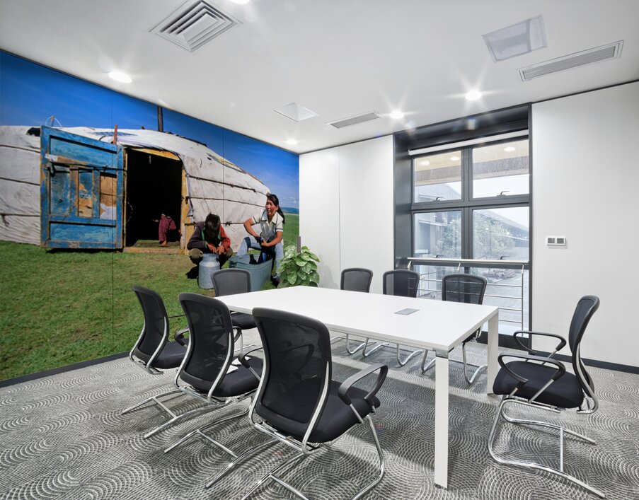 Mongolian ger in the countryside with people and daily activitie Wall Printing