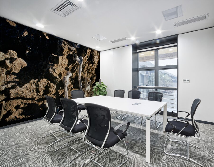 Human skeleton partially buried in rocky terrain. Wall Printing