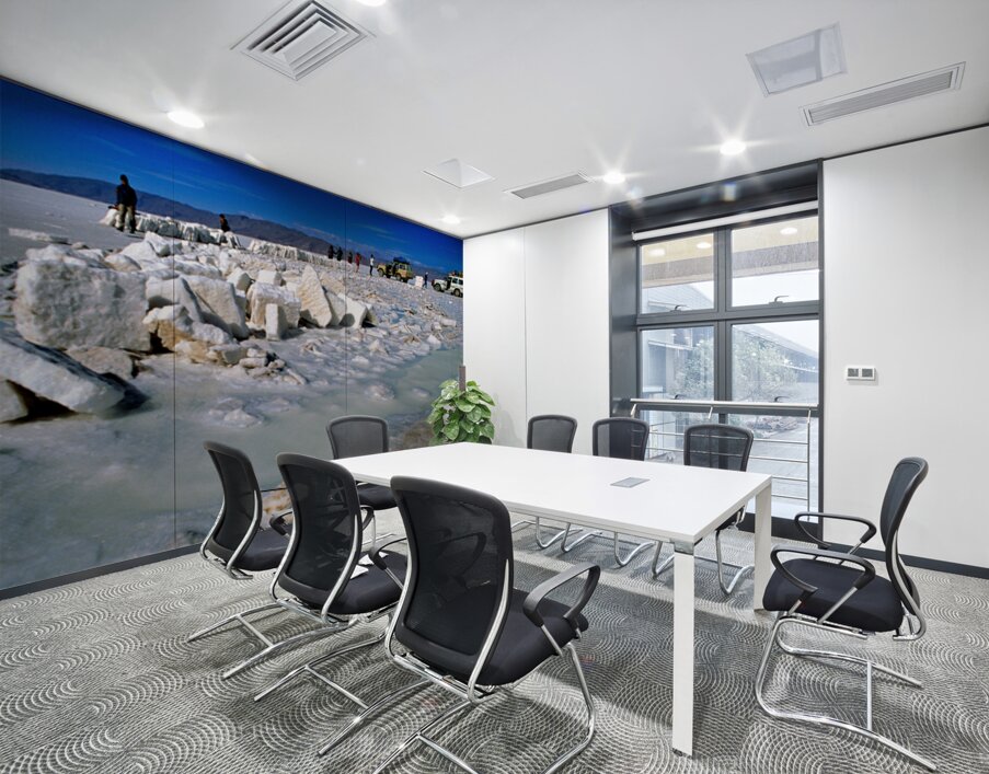 Explorers on a salt flat with salt blocks and water. Wall Printing