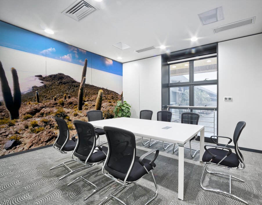 Cactus island in a vast white salt flat under blue sky. Wall Printing