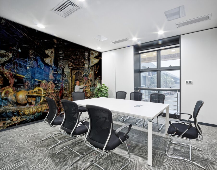 Boy interacts with religious artifacts in Kathmandu temple Wall Printing