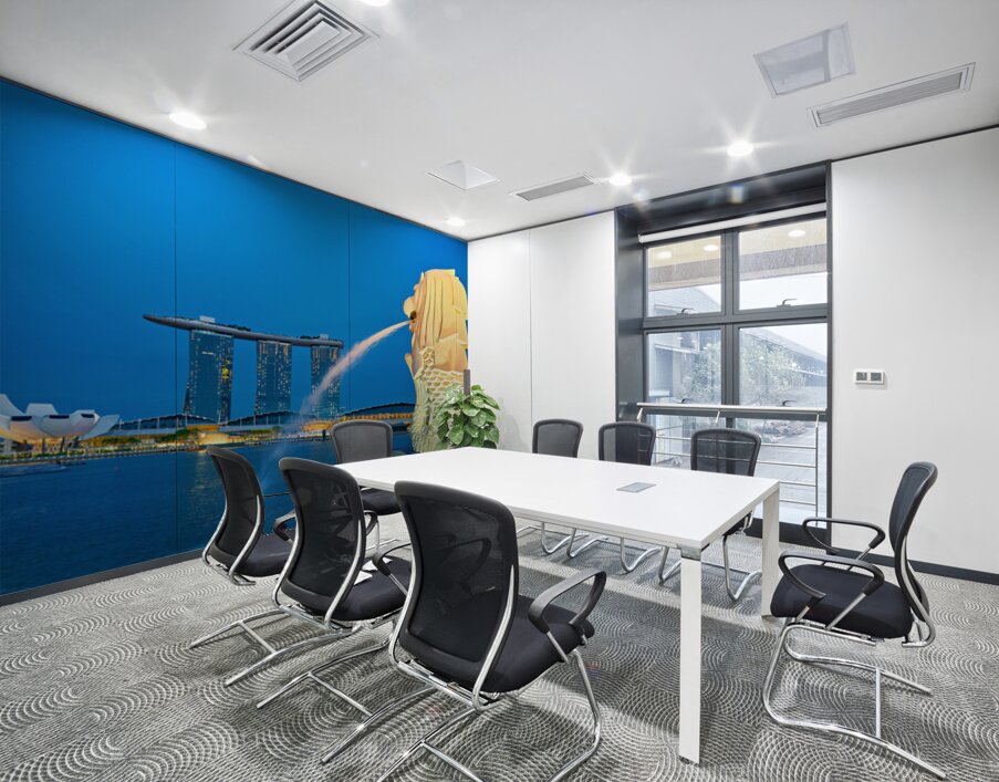 Visitors watch the Merlion fountain at Marina Bay during sunset Wall Printing