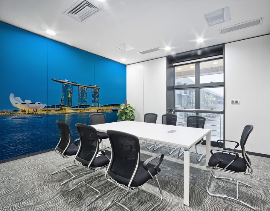 City skyline at sunset over Marina Bay with reflections on water Wall Printing