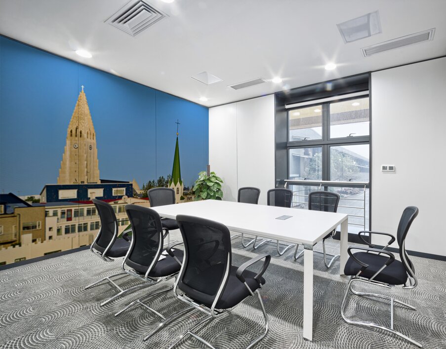 Lutheran free church by lake Tjornin and Halgrimskirkja Wall Printing