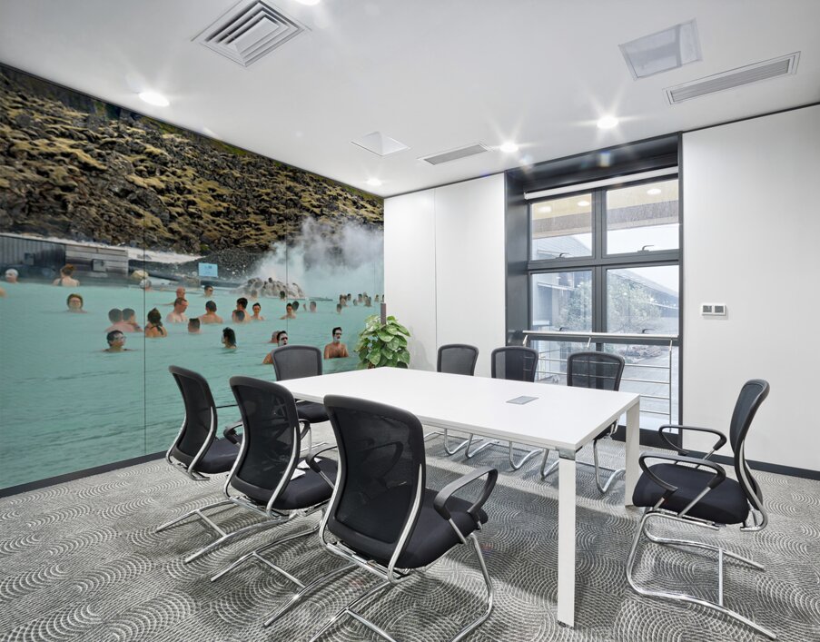 Visitors enjoy Grindaviks blue lagoon spa by day Wall Printing