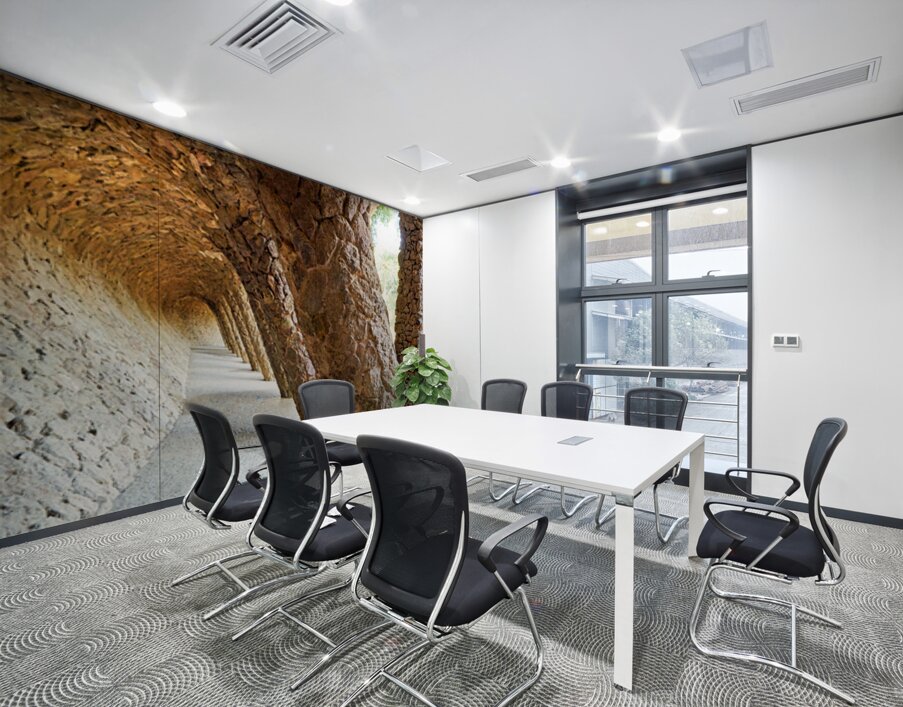 Walking through the colonnaded pathway in Park Guell Barcelona Wall Printing