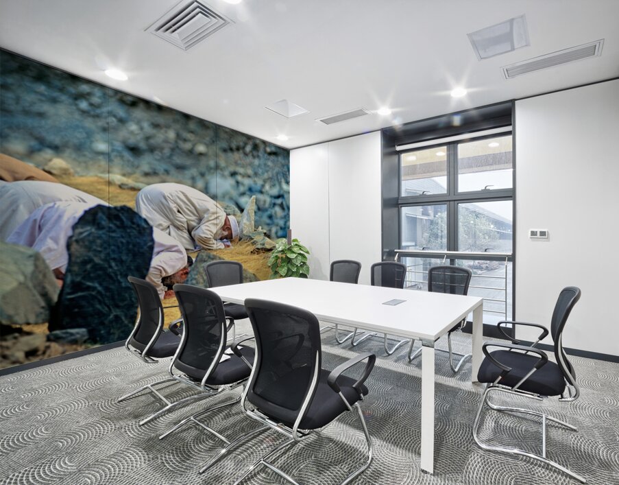 Muslim men pray towards Mecca in Pakistan during prayer time Wall Printing
