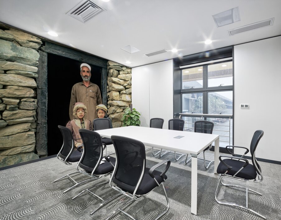 Family near shop at Shandur Pass in Pakistan Wall Printing