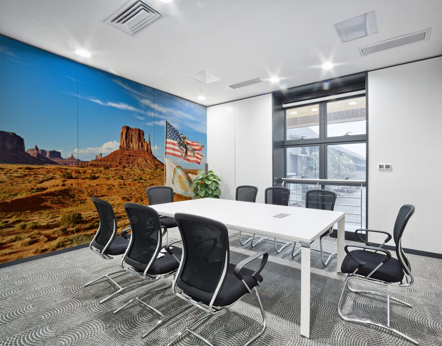 Monument Valley displays flags under blue sky in USA Wall Printing