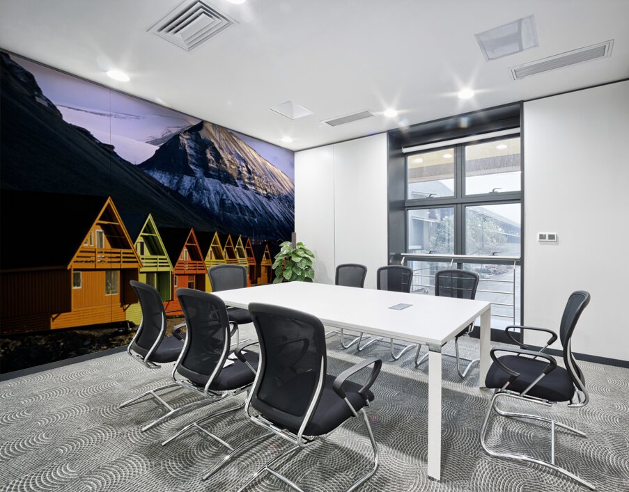 Colorful cabins in Longyearbyen Svalbard near snowy mountains Wall Printing