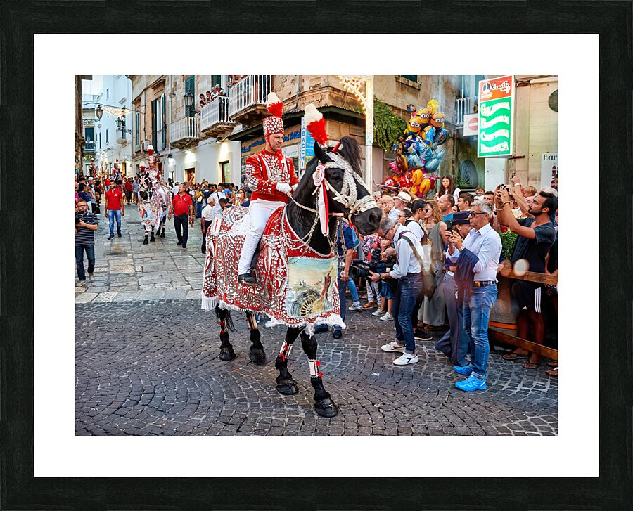 Apulia Puglia Italy. Ostuni. Festival of Saint Orontius. The cavalcata a procession of horses in the streets of the town Picture Frame print