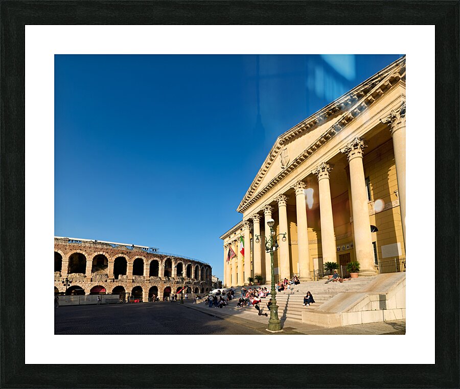 Verona Veneto Italy. The Verona Arena - Roman Amphitheatre and the Town Hall Picture Frame print