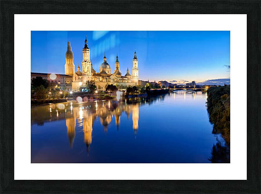 Zaragoza. Saragossa. Aragon. Spain. Cathedral Basilica of Our Lady of the Pillar and river Ebro at sunset Picture Frame print