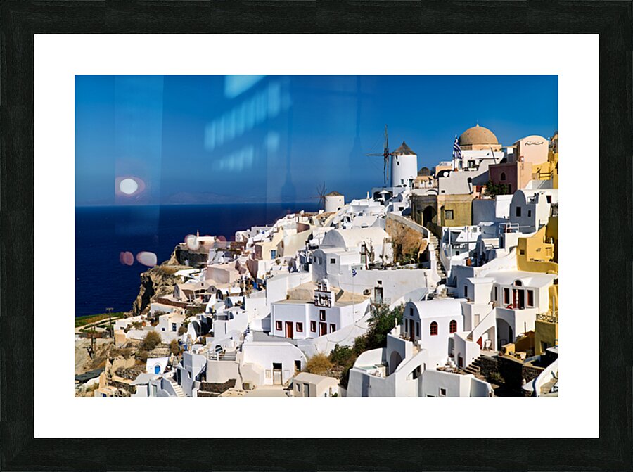 Oia Santorini: white cliffside village windmills and deep blu Picture Frame print