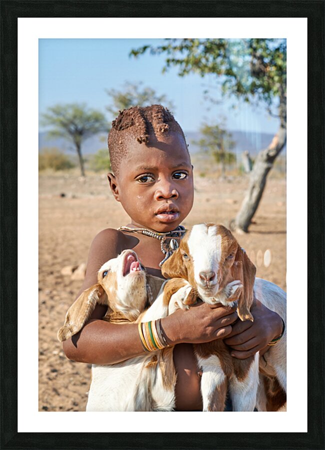 Child carries goats in Himba village of Namibia Kunene Region Picture Frame print
