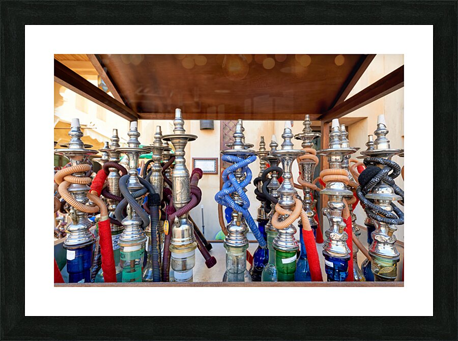 Colorful hookahs with hoses in market in Dubai UAE Picture Frame print