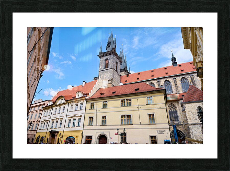 Pragues Týn Church and historic buildings under blue sky. Picture Frame print