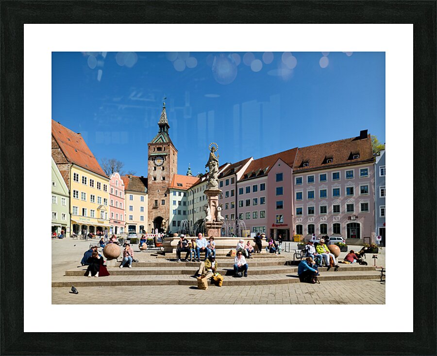 Visitors enjoy Hauptplatz square in Landsberg am Lech Bavaria Picture Frame print