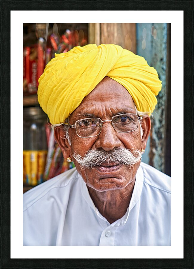 Senior man in yellow turban in Jaisalmer Rajasthan India Picture Frame print
